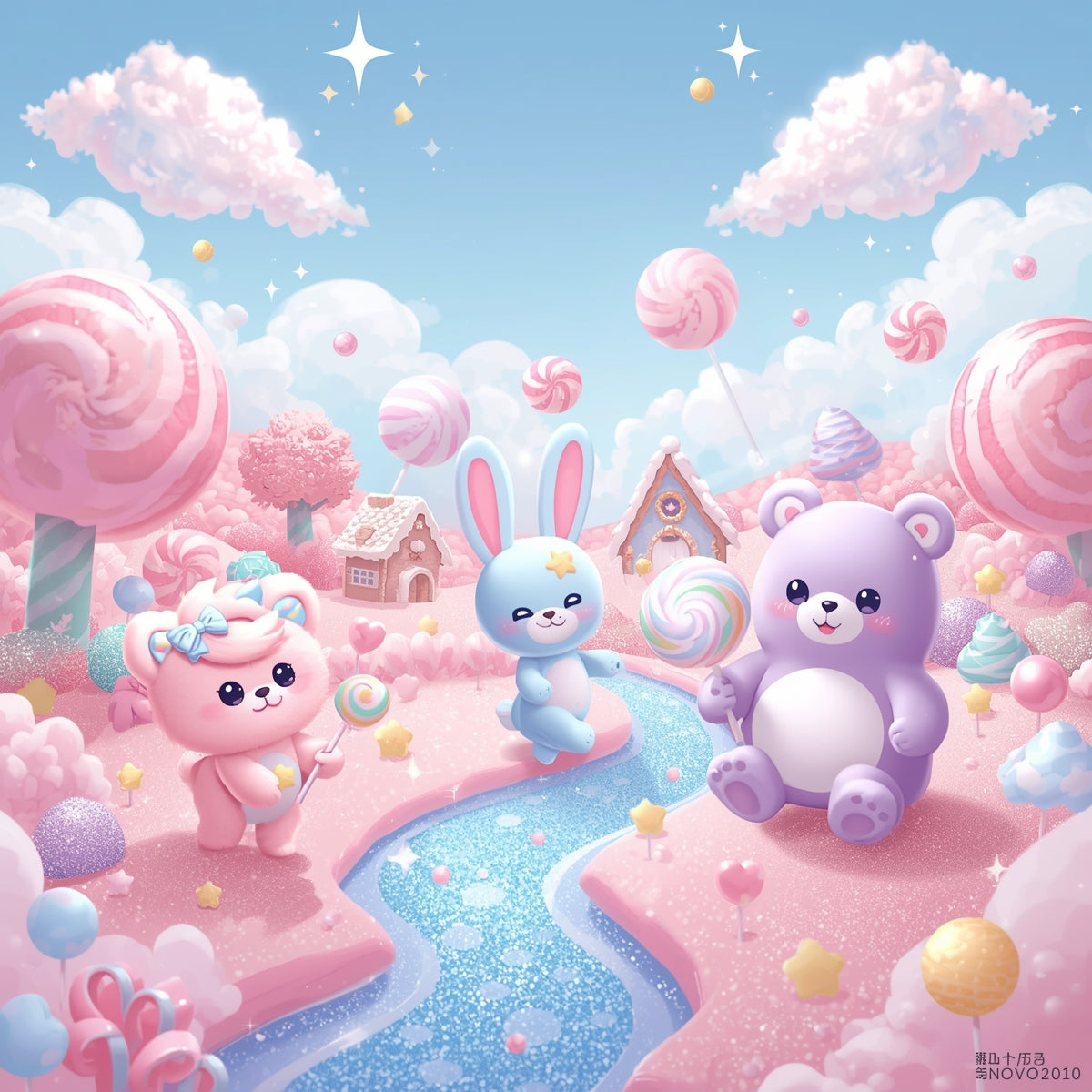 Adorable pastel kawaii animals (cat, bunny, bear) in a dreamy candy land background, pink and blue tones, digital wallpaper.