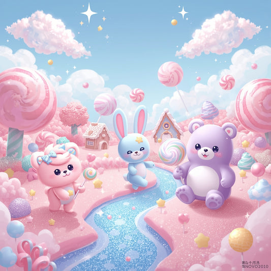 Adorable pastel kawaii animals (cat, bunny, bear) in a dreamy candy land background, pink and blue tones, digital wallpaper.