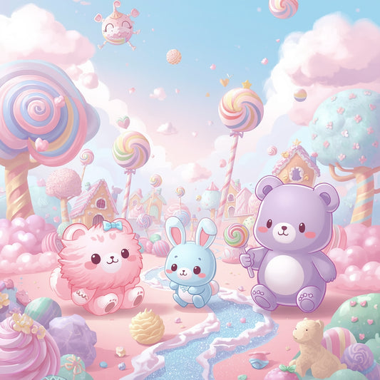 Adorable pastel kawaii animals (cat, bunny, bear) in a dreamy candy land background, pink and blue tones, digital wallpaper.