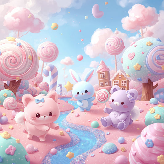 Adorable pastel kawaii animals (cat, bunny, bear) in a dreamy candy land background, pink and blue tones, digital wallpaper.