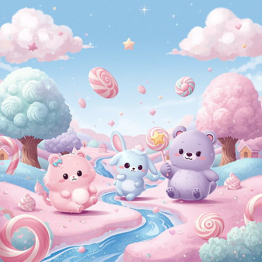 Adorable pastel kawaii animals (cat, bunny, bear) in a dreamy candy land background, pink and blue tones, digital wallpaper.